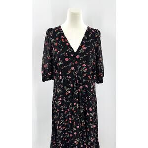 Ganni Black Elm Floral Georgette Midi Dress V-neck Cottagecore Grannycore 38 6 S
